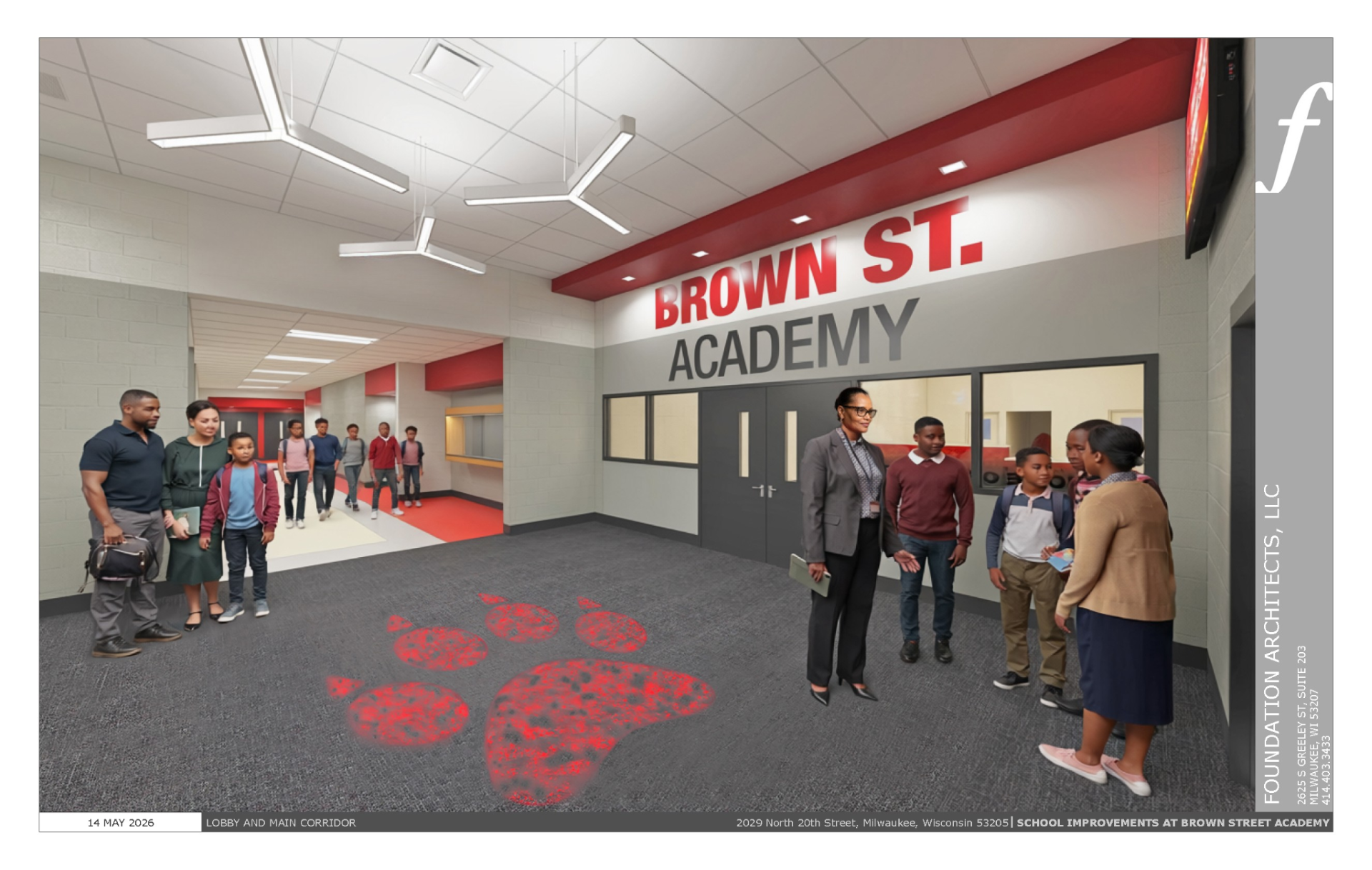 Students and families stand in the redesigned Brown Street lobby, with school branding and logo