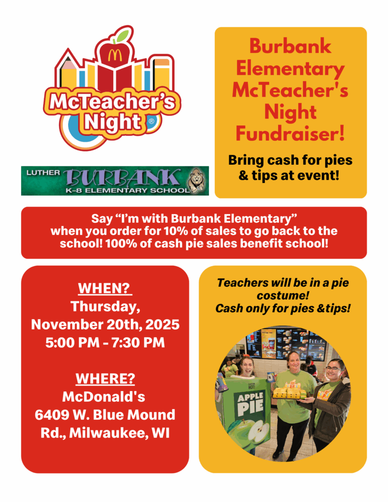 McDonald's Fundraiser on November 20, 2025 at 5pm. 6409 W. Bluemound Rd.