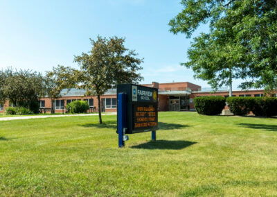 The front of Fairview School on a sunny day.