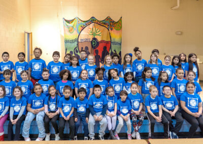 Ib pawg menyuam yaus hnav cov tsho sib xws saum ib lub sam thiaj.