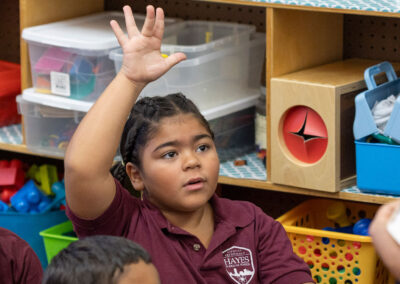 A young girl raising her hand.