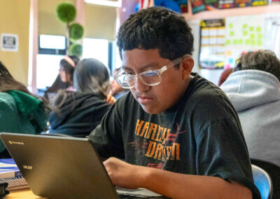 Un estudiante mirando la pantalla de un ordenador.