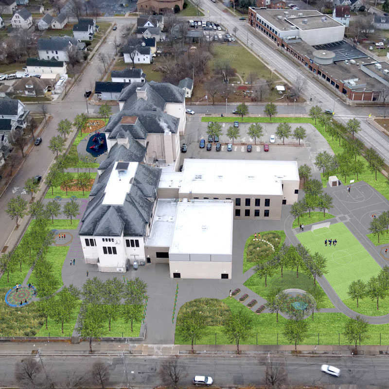 An aerial rendering of MLK Jr. School with our new schoolyard.