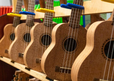 Close-up of a row of acoustic guitars.