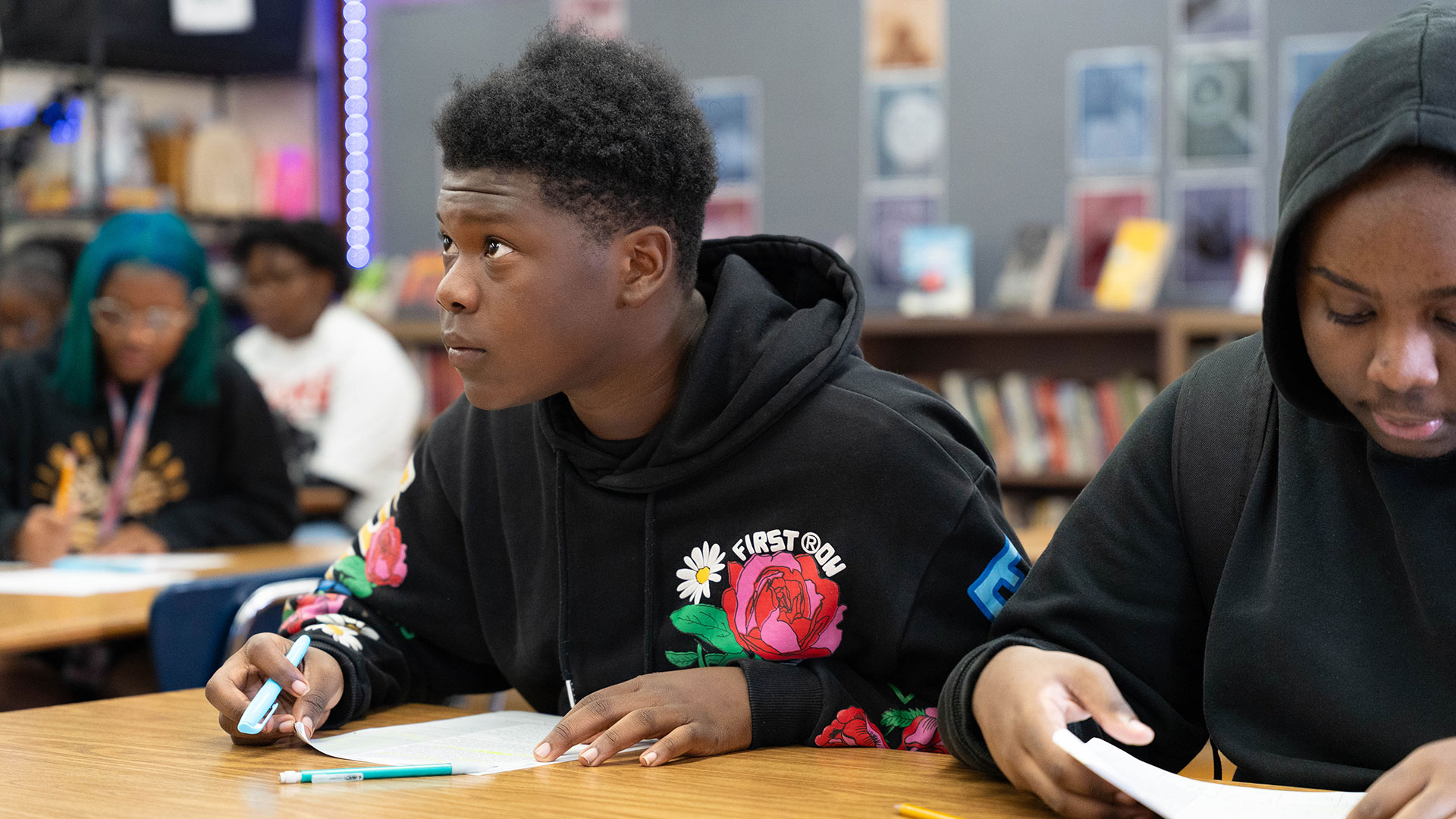 A student in a classroom.