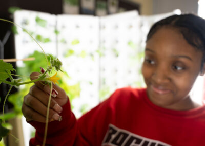 A person smiles while looking at a flowering bud on a plant.