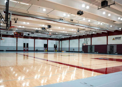 An empty school gymnasium.