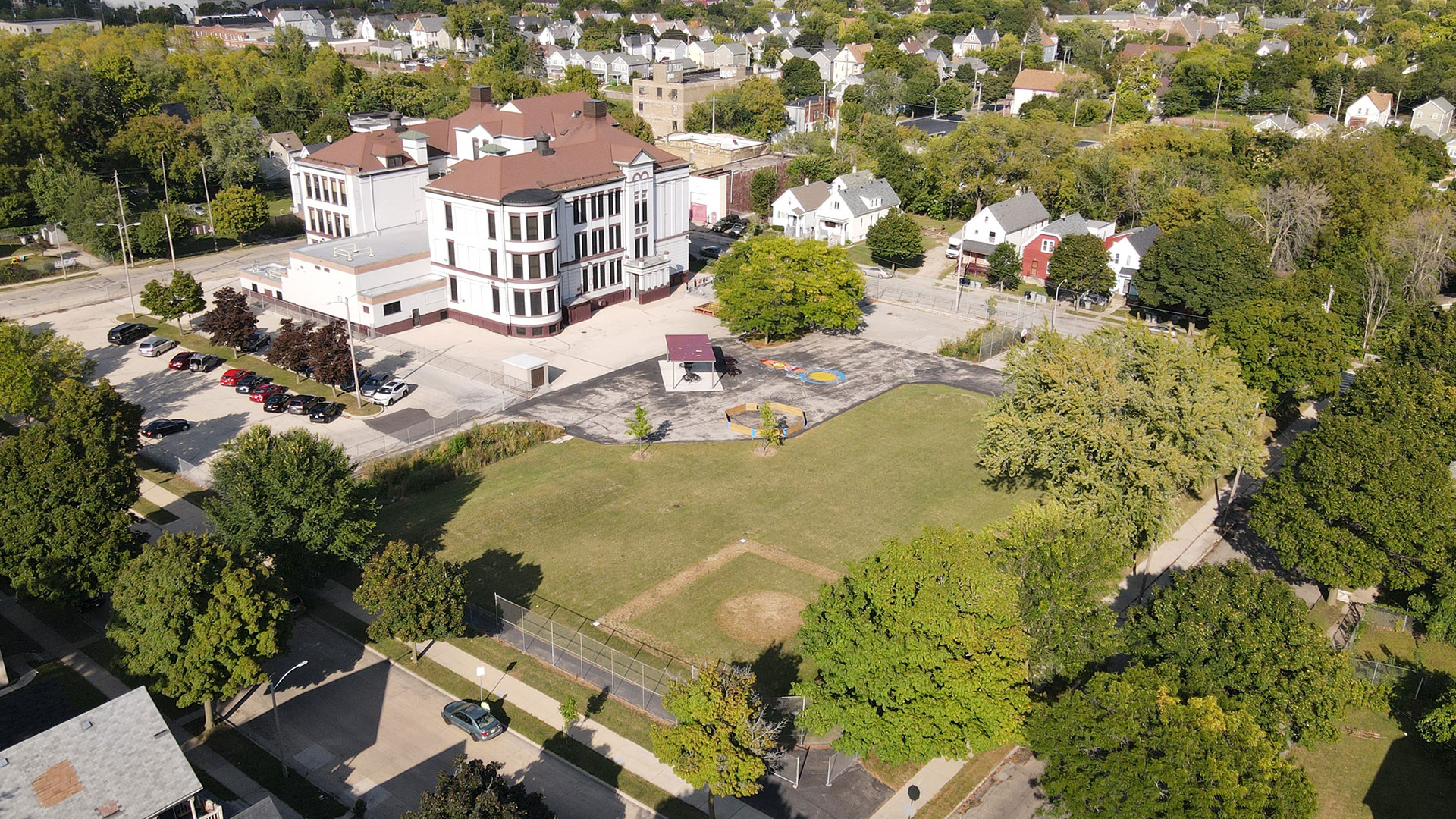 Bird's eye view of the Westside Academy building and schoolyard.
